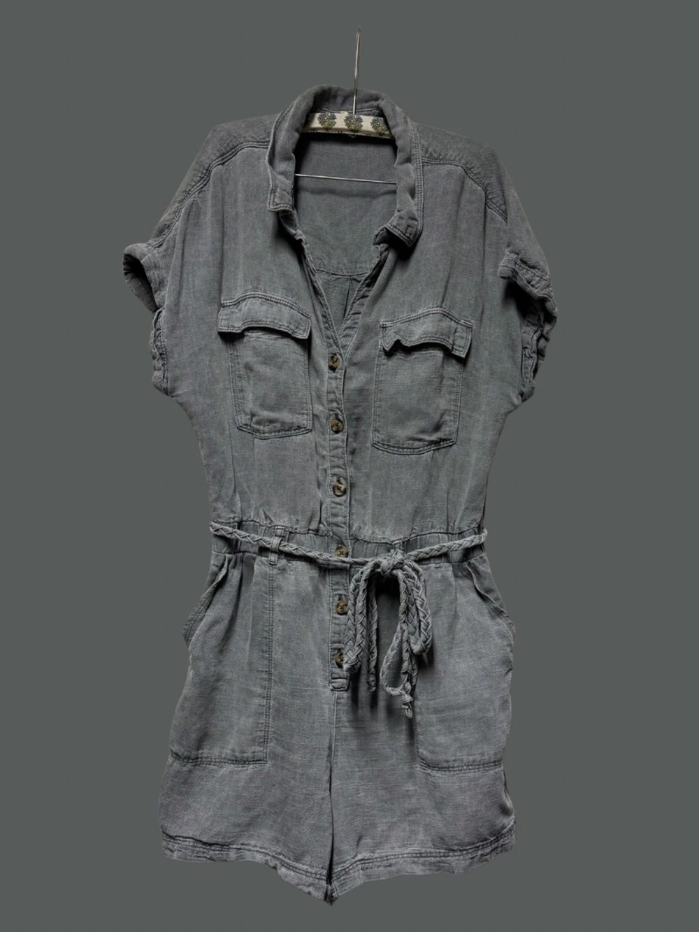Nicole Miller   Women's Washed Gray Denim Romper with Tie Waist